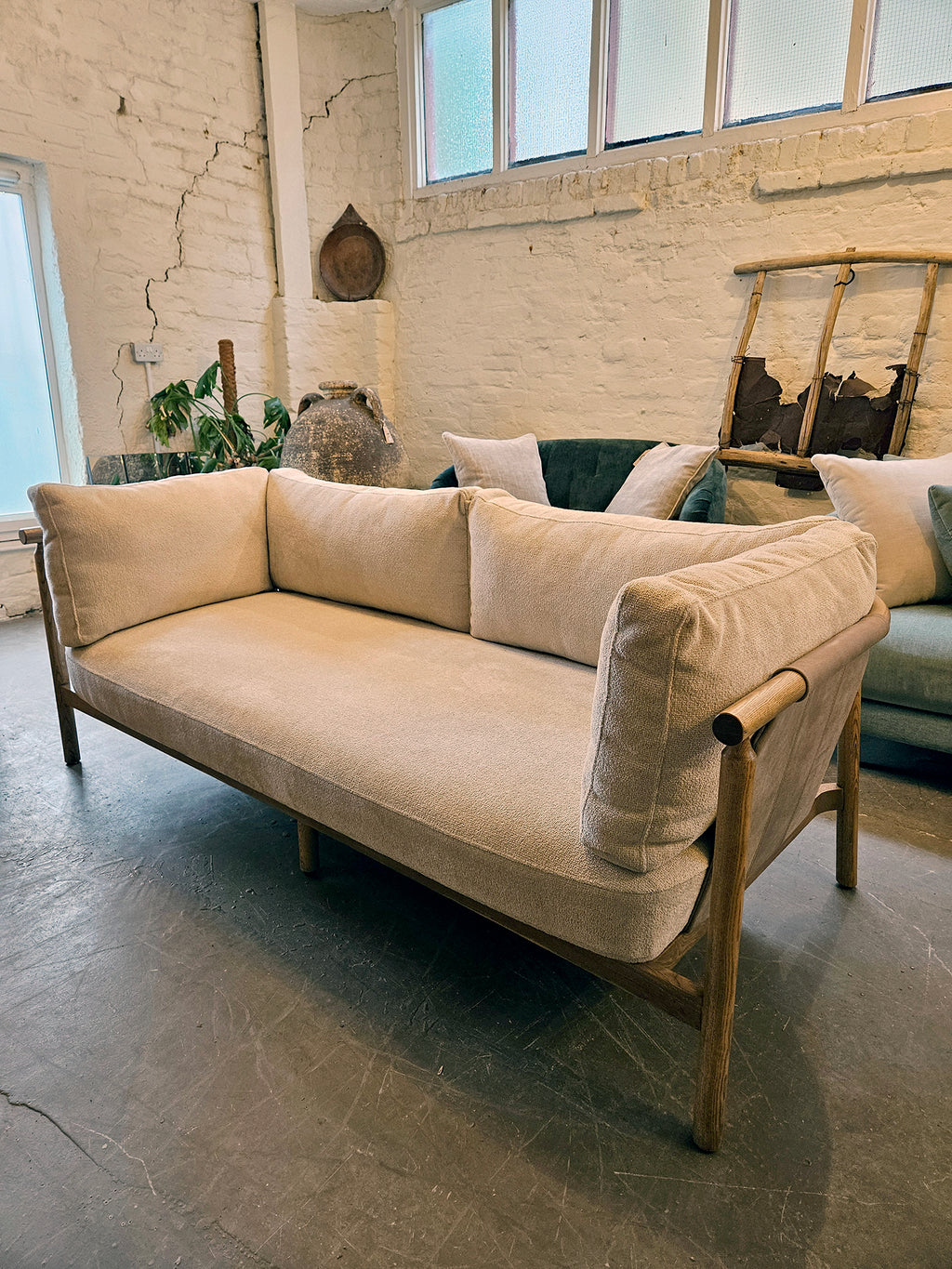 Cradle Small Two Seater Sofa - Light beige / ash wood frame